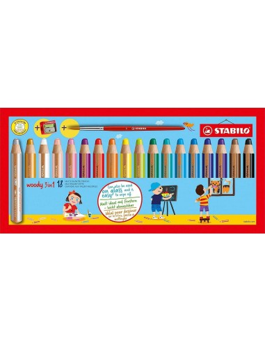 Stabilo Woddy 3 en 1 Pack de 18 Lapices de Colores-Sacapuntas-Pincel N-8 - Lapiz de Color-Cera y Acuarela-Todo en Uno