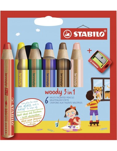 Stabilo Woddy 3 en 1 Pack de 6 Lapices de Colores-Sacapuntas - Lapiz de Color-Cera y Acuarela-Todo en Uno - Mina XXL 10mm
