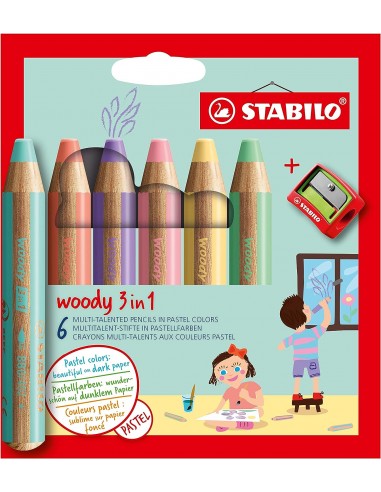 Stabilo Woddy 3 en 1 Pack de 6 Lapices de Colores Pastel-Sacapuntas - Lapiz de Color-Cera y Acuarela-Todo en Uno - Mina