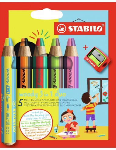 Stabilo Woddy 3 en 1 Duo Pack de 5 Lapices de Colores-Sacapuntas - Mina 2 Colores XXL 10mm - Lapiz de Color-Cera