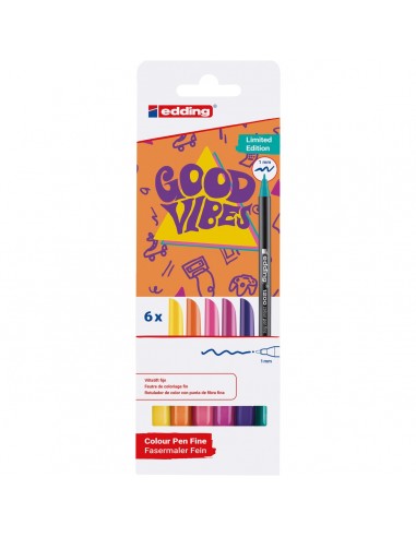 Edding 1200 Good Vibes Pack de 6 Rotuladores - Punta Redonda - Trazo 1mm - Tinta con Base de Agua - Colores Surtidos