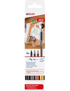 Edding 1340 Brush Pack de 4 Rotuladores - Punta Pincel Flexible - Trazo 1-3mm - Tinta con Base de Agua - Colores Oro-Negro