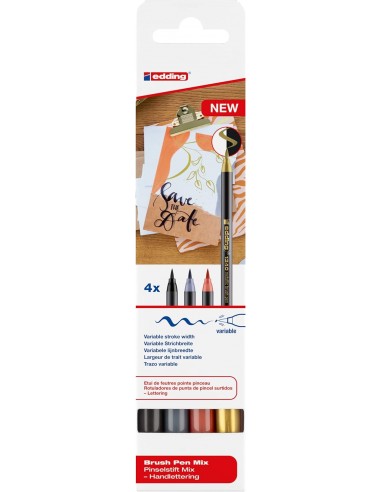 Edding 1340 Brush Pack de 4 Rotuladores - Punta Pincel Flexible - Trazo 1-3mm - Tinta con Base de Agua - Colores Oro-Negro