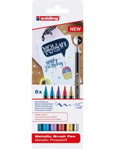 Edding 1340 Brush Pack de 6 Rotuladores - Punta Pincel Flexible - Trazo 1-3mm - Tinta con Base de Agua - Colores Oro-Rojo