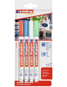 Edding 4085 Basicos Pack de 4 Rotuladores de Tiza Liquida - Punta Redonda - Trazo 1-3mm - Olor Neutro - Colores Blanco-Azul