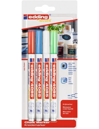Edding 4085 Basicos Pack de 4 Rotuladores de Tiza Liquida - Punta Redonda - Trazo 1-3mm - Olor Neutro - Colores Blanco-Azul