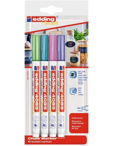 Edding 4085 Metalicos Pack de 4 Rotuladores de Tiza Liquida - Punta Redonda - Trazo 1-3mm - Olor Neutro - Colores Azul