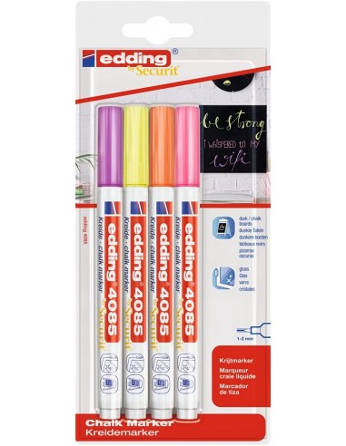 Edding 4085 Neon Pack de 4 Rotuladores de Tiza Liquida - Punta Redonda - Trazo 1-3mm - Olor Neutro - Colores Frambuesa