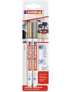 Edding 4085 Pack de 2 Rotuladores de Tiza Liquida - Punta Redonda - Trazo 1-3mm - Olor Neutro - Color Oro y Plata