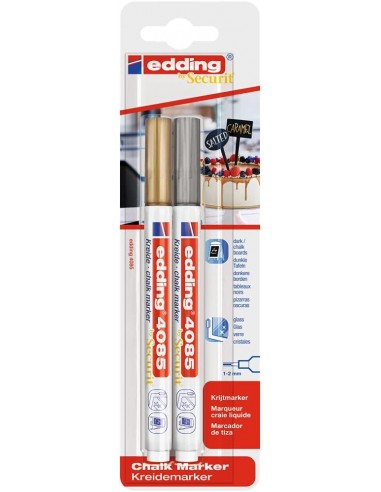 Edding 4085 Pack de 2 Rotuladores de Tiza Liquida - Punta Redonda - Trazo 1-3mm - Olor Neutro - Color Oro y Plata
