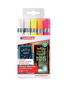 Edding 4095 Pack de 5 Rotuladores de Tiza Liquida - Punta Redonda - Trazo 2-3mm - Olor Neutro - Colores Blanco x2-Amarillo