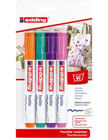 Edding 4500 Colores Divertidos Pack de 4 Rotuladores Permanentes para Textil - Punta Redonda - Trazo 2-3mm - Olor Neutro -