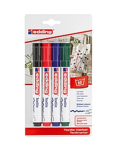 Edding 4500 Pack de 4 Rotuladores Permanentes para Textil - Punta Redonda - Trazo 2-3mm - Olor Neutro - Secado Rapido -