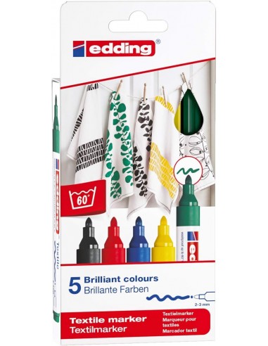 Edding 4500 Basicos Pack de 5 Rotuladores Permanentes para Textil - Punta Redonda - Trazo 2-3mm - Olor Neutro - Secado Rapido