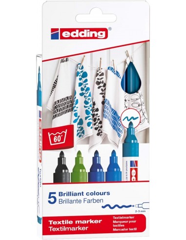 Edding 4500 Colores Frios Pack de 5 Rotuladores Permanentes para Textil - Punta Redonda - Trazo 2-3mm - Olor Neutro - Secado