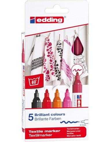 Edding 4500 Colores Calidos Pack de 5 Rotuladores Permanentes para Textil - Punta Redonda - Trazo 2-3mm - Olor Neutro -