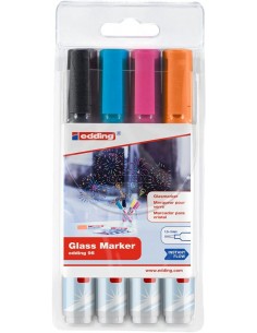 Edding 95 Pack de 4 Rotuladores de Tiza Liquida - Punta Redonda - Trazo 1.5-3mm - Colores Negro-Naranja-Rosa y Azul