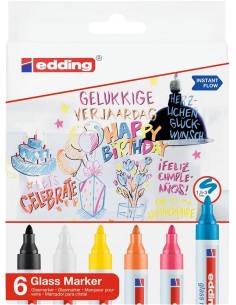 Edding 95 Pack de 6 Rotuladores de Tiza Liquida - Punta Redonda - Trazo 1.5-3mm - Colores Blanco-Amarillo-Negro-Naranja