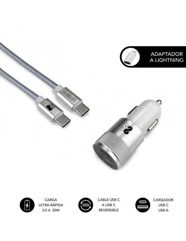 Subblim Cargador Coche Dual PD20W QC3.0 C to C Lightning cable - 20W - Carga rápida simultánea - Cable USB C reversible -