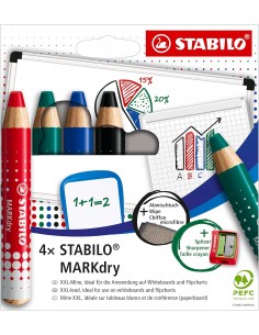 Stabilo MARKdry Pack de 4 Marcadores para Pizarra-Sacapuntas-Paño de Limpieza - Mina XXL de 10mm - Madera 100