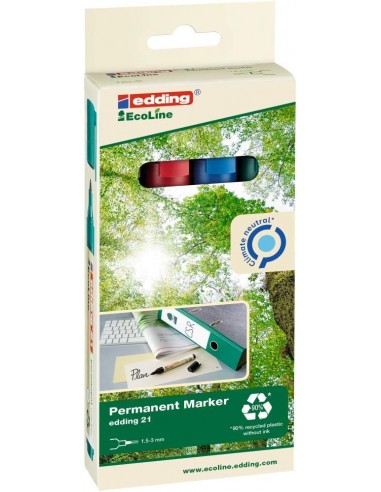 Edding 21 EcoLine Pack de 4 Rotuladores Permanentes - Punta Redonda - Trazo entre 1.5 y 3mm - 90-de Plastico Reciclado -