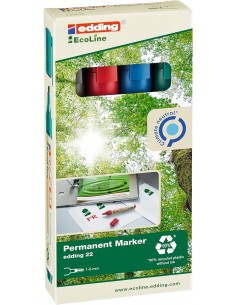 Edding 22 EcoLine Pack de 4 Rotuladores Permanentes - Punta Biselada - Trazo entre 1 y 5mm - 90-de Plastico Reciclado -