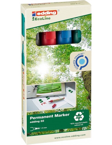 Edding 22 EcoLine Pack de 4 Rotuladores Permanentes - Punta Biselada - Trazo entre 1 y 5mm - 90-de Plastico Reciclado -