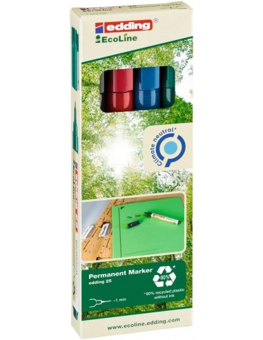 Edding 25 EcoLine Pack de 4 Rotuladores Permanentes - Punta Redonda Fina - Trazo 1mm - 90-de Plastico Reciclado - Colores