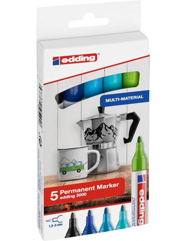 Edding 3000 Pack de 5 Rotuladores Permanentes Colores Frios - Punta Redonda de 1.5mm - Trazo entre 1.5 y 3mm - Recargable -