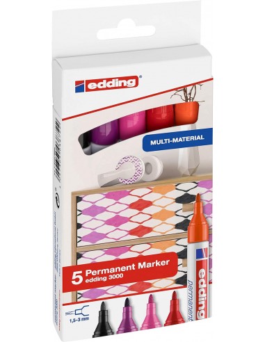 Edding 3000 Pack de 5 Rotuladores Permanentes Colores Calidos - Punta Redonda de 1.5mm - Trazo entre 1.5 y 3mm - Recargable -
