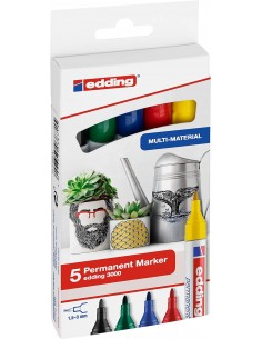 Edding 3000 Pack de 5 Rotuladores Permanentes - Punta Redonda de 1.5mm - Trazo entre 1.5 y 3mm - Recargable - Secado Rapido -