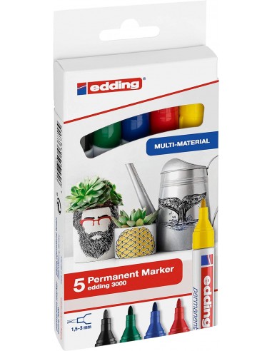 Edding 3000 Pack de 5 Rotuladores Permanentes - Punta Redonda de 1.5mm - Trazo entre 1.5 y 3mm - Recargable - Secado Rapido -
