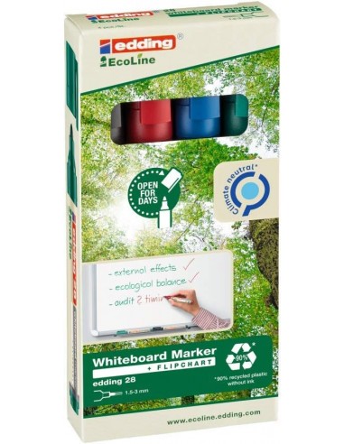 Edding 28 EcoLine Pack de 4 Rotuladores para Pizarra Blanca - Punta Redonda - Trazo 1.5-3mm - 90-de Plastico Reciclado -