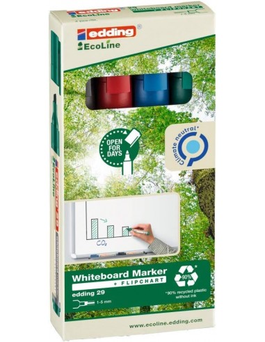 Edding 29 EcoLine Pack de 4 Rotuladores para Pizarra Blanca - Punta Biselada - Trazo entre 1-5mm - 90-de Plastico Reciclado