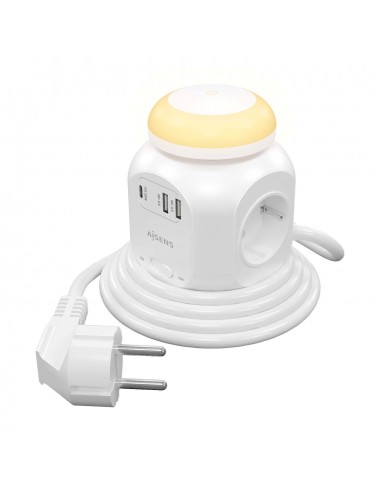 Aisens Regleta de Enchufes Sobremesa Multifuncion con 4 Tomas-1xUSB-C 20W PD3.0 - 2xUSB-A 18W QC3.0 - Luz Nocturna - 1.8m -