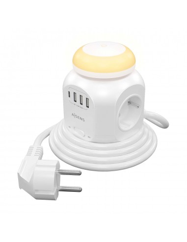 Aisens Regleta de Enchufes Sobremesa Multifuncion con 4 Tomas-1xUSB-C - 3xUSB-A - Luz Nocturna - 1.8m - Color Blanco