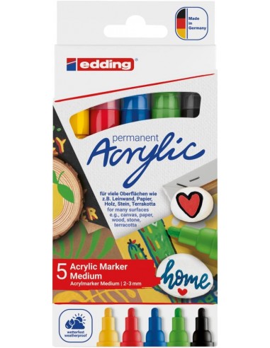 Edding 5100 Acrylic Pack de 5 Rotuladores Permanentes Acrilicos - Punta Redonda 2-3mm - Trazo Medio - Resistente a la Luz -