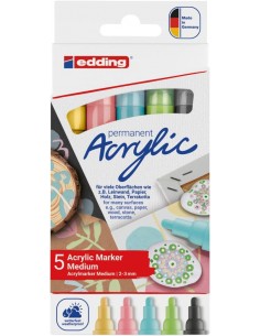 Edding 5100 Acrylic Pack de 5 Rotuladores Permanentes Acrilicos Pastel - Punta Redonda 2-3mm - Trazo Medio - Resistente a la
