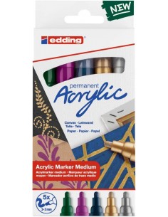 Edding 5100 Acrylic Pack de 5 Rotuladores Permanentes Acrilicos Metalizados - Punta Redonda 2-3mm - Trazo Medio - Resistente