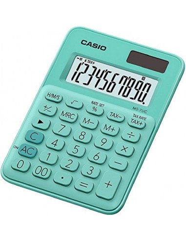 Casio MS-7UC Calculadora de Escritorio - Tecla Doble Cero - Pantalla LCD de 10 Digitos - Solar y Pilas - Color Verde