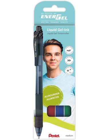 Pentel EnerGel X Pack de 4 Boligrafos de Bola Retractiles Tinta Gel - Punta 0.7mm - Trazo 0.35mm - Recargable - Grip de