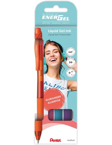 Pentel EnerGel X Pack de 4 Boligrafos de Bola Retractiles Tinta Gel - Punta 0.7mm - Trazo 0.35mm - Recargable - Grip de