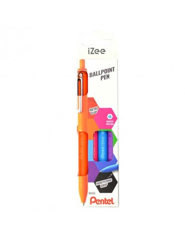 Pentel iZee Pack de 4 Boligrafos de Bola Retractiles - Punta 0.7mm - Trazo 0.35mm - Clip de Metal - Colores Naranja-Azul
