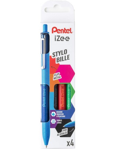 Pentel iZee Pack de 4 Boligrafos de Bola Retractiles - Punta 0.7mm - Trazo 0.35mm - Clip de Metal - Colores Negro-Azul-Rojo