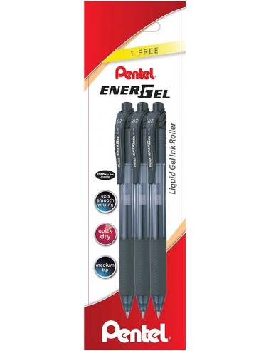Pentel EnerGel X Pack de 3 Boligrafos de Bola Retractiles Tinta Gel - Punta 0.7mm - Trazo 0.35mm - Recargable - Grip de