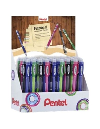 Pentel Fiesta II Expositor de 36 Portaminas HB 0.5mm con Goma - Incluye 2 Recargas - Grip de Goma - Diseño Ergonomico -