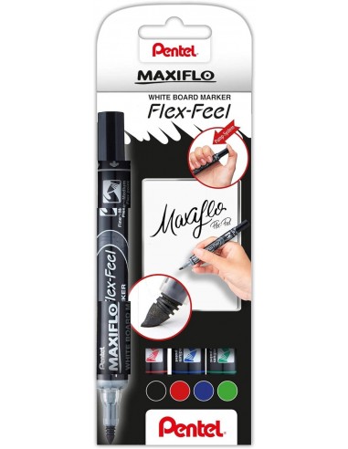 Pentel Maxiflo Flex-Feel Pack de 4 Rotuladores para Pizarra Blanca - Punta Flexible 4.6mm - Dosificacion de Tinta mediante