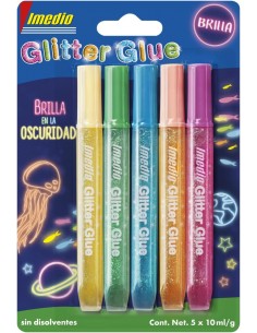 Imedio Glitter Glue "Brilla en la Oscuridad" Pack de 5 Tubos de Pegamento con Brillantina 10ml - Brilla en la Oscuridad -