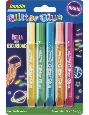 Imedio Glitter Glue "Brilla en la Oscuridad" Pack de 5 Tubos de Pegamento con Brillantina 10ml - Brilla en la Oscuridad -
