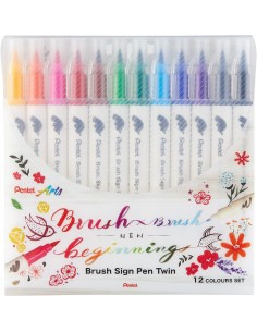 Pentel Brush Sing Pen Twin Pack de 12 Rotuladores con Doble Punta de Pincel Flexible - Punta Ancha 1-4mm-Punta Fina 0 2-2mm